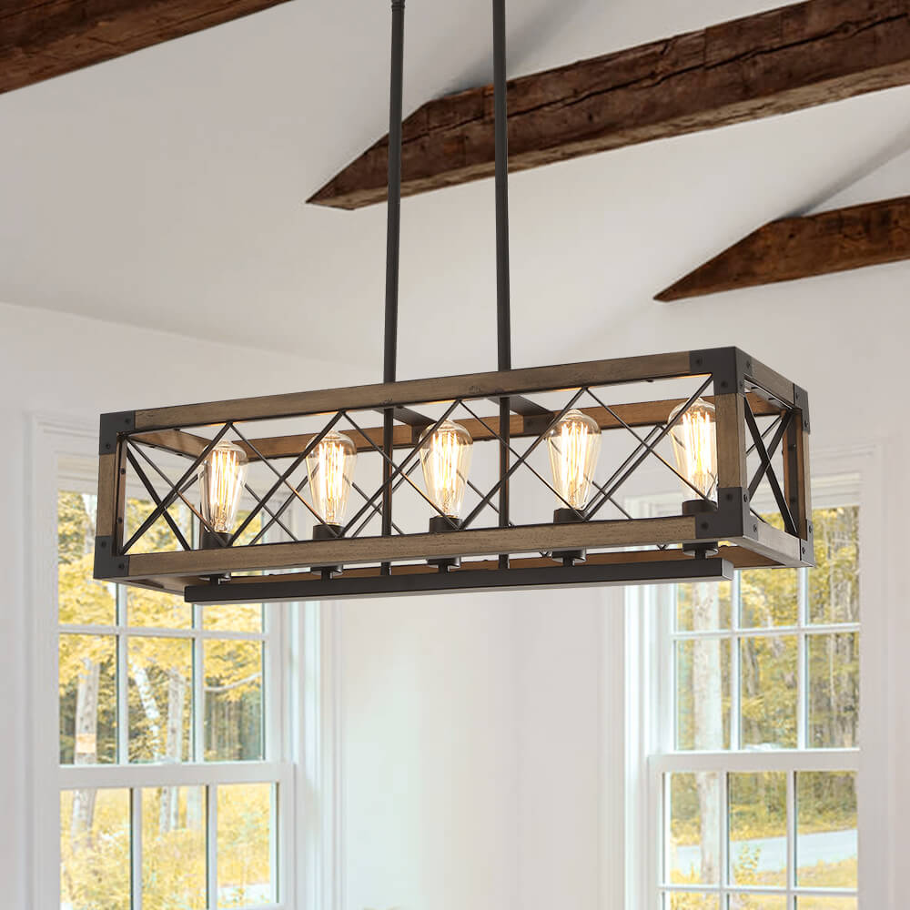 Suspension Rectangulaire Bois Noir 80cm 5 Lumières Salle à Manger Îlot de Cuisine Industriel Campagne Lustre Réglable Suspension Salon | Restfield