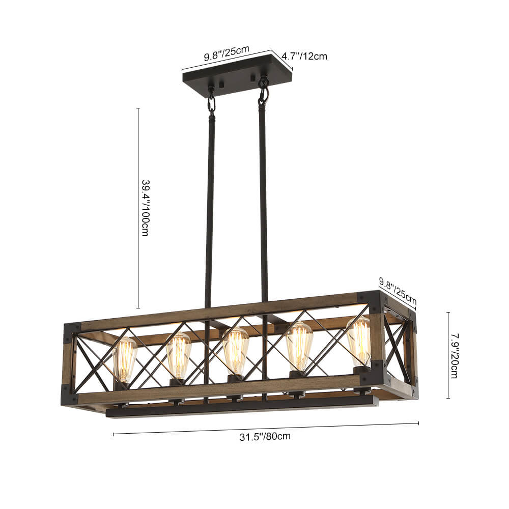 Suspension Rectangulaire Bois Noir 80cm 5 Lumières Salle à Manger Îlot de Cuisine Industriel Campagne Lustre Réglable Suspension Salon | Restfield