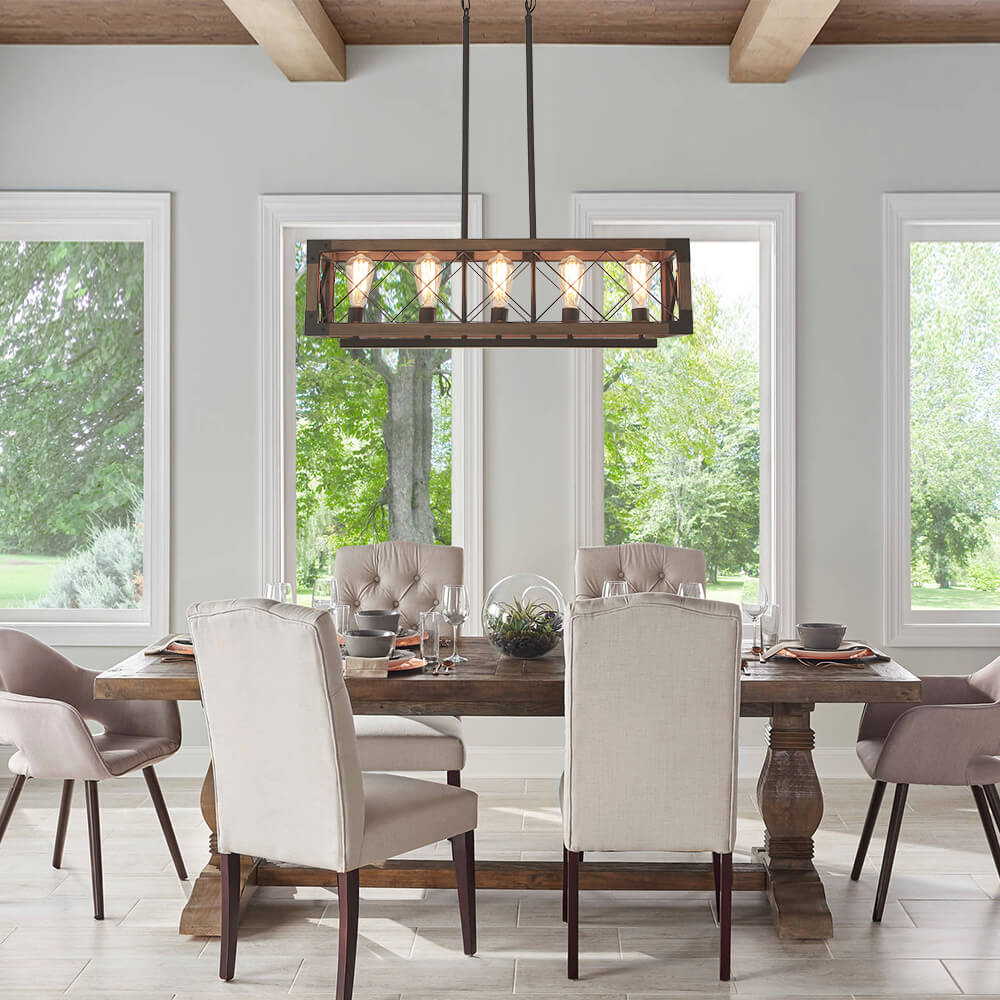 Suspension Rectangulaire Bois Noir 80cm 5 Lumières Salle à Manger Îlot de Cuisine Industriel Campagne Lustre Réglable Suspension Salon | Restfield