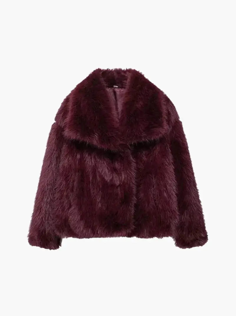 Wintermantel aus Kunstpelz mit breitem Revers - Warmer langer Damenmantel, elegant, Wintermode für draußen | Sansoti