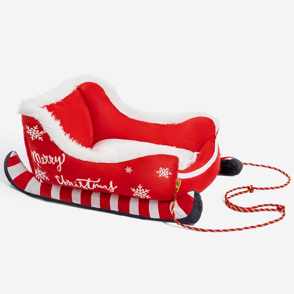 Pluche Hondenmand Kerstslede Rood Bruin 3 Maten Premium Huisdierbed Feestelijk Decoratief Warm Gezellig | Sansoti