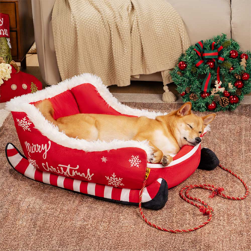 Pluche Hondenmand Kerstslede Rood Bruin 3 Maten Premium Huisdierbed Feestelijk Decoratief Warm Gezellig | Sansoti