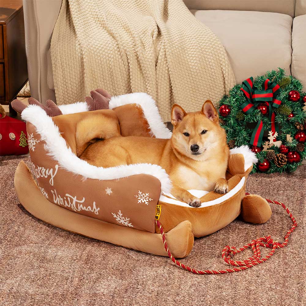 Pluche Hondenmand Kerstslede Rood Bruin 3 Maten Premium Huisdierbed Feestelijk Decoratief Warm Gezellig | Sansoti