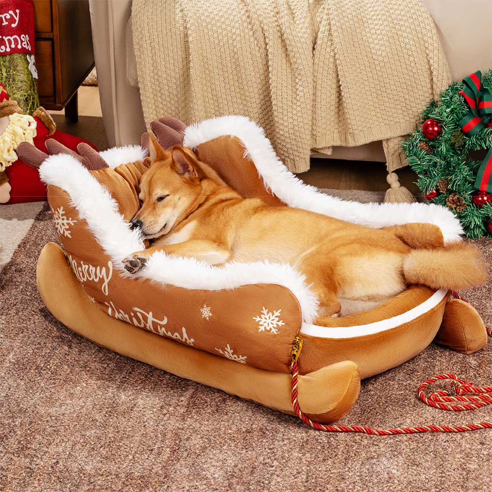 Pluche Hondenmand Kerstslede Rood Bruin 3 Maten Premium Huisdierbed Feestelijk Decoratief Warm Gezellig | Sansoti