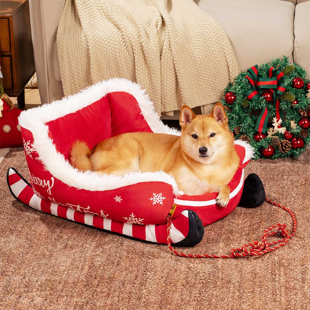 Pluche Hondenmand Kerstslede Rood Bruin 3 Maten Premium Huisdierbed Feestelijk Decoratief Warm Gezellig | Sansoti