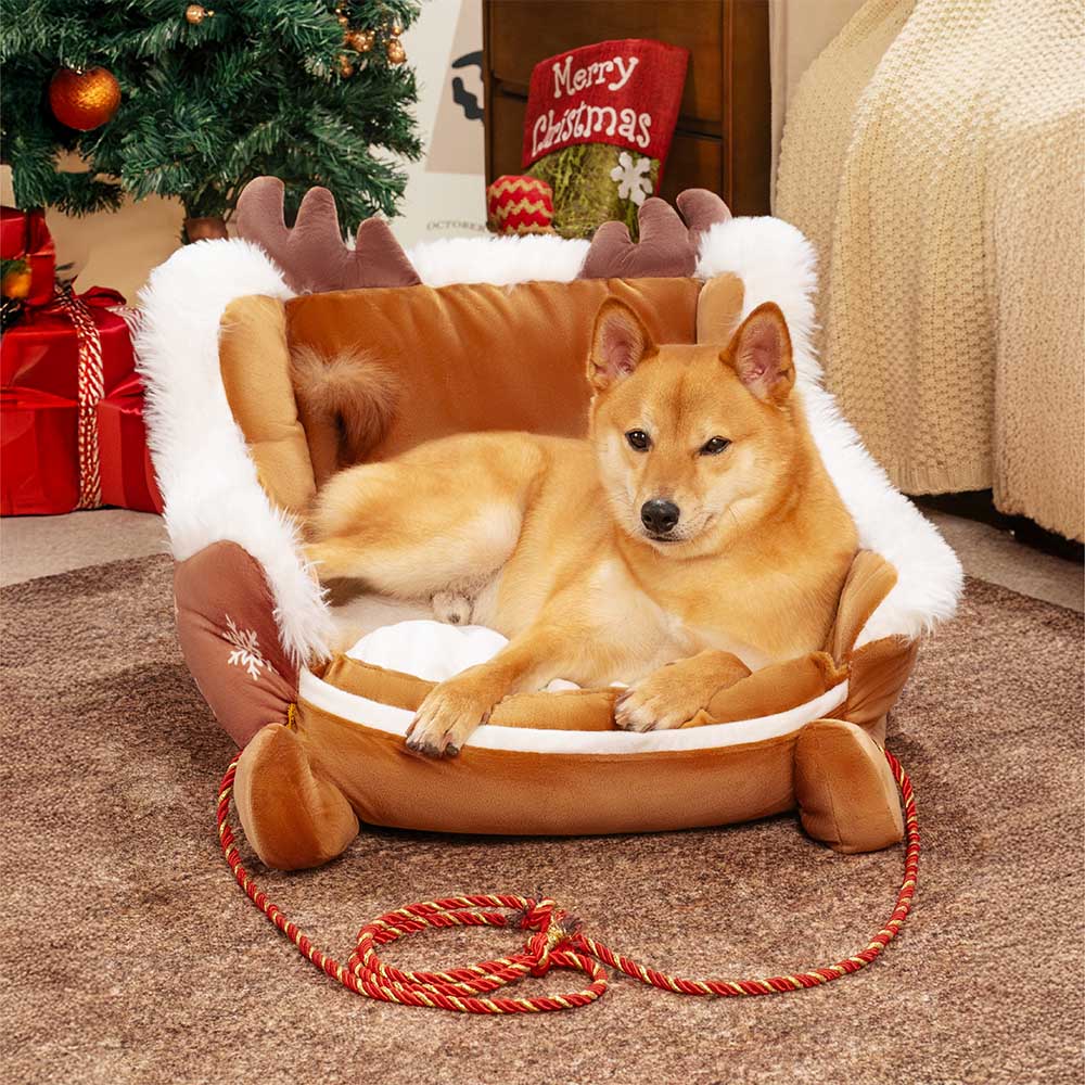 Pluche Hondenmand Kerstslede Rood Bruin 3 Maten Premium Huisdierbed Feestelijk Decoratief Warm Gezellig | Sansoti