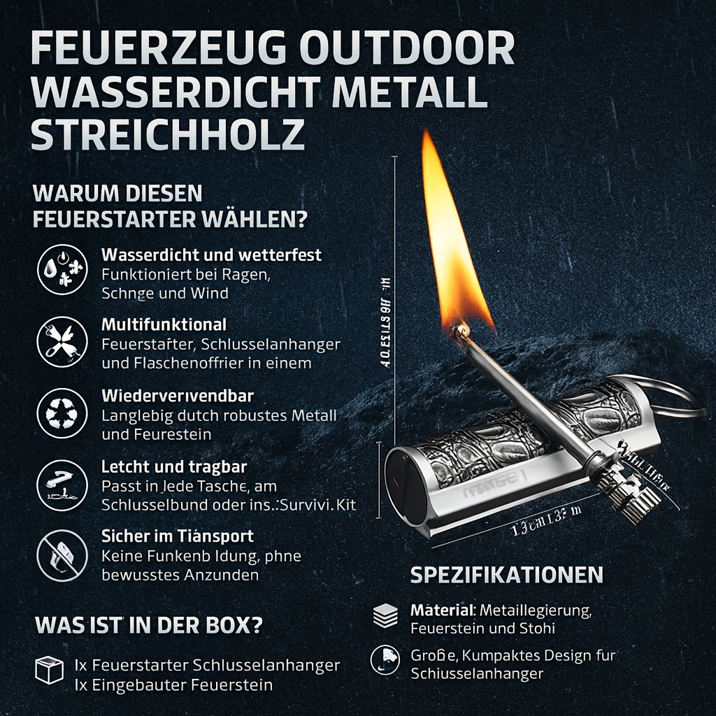 Outdoor Vuurstarter Waterdicht Metaal Herbruikbaar Survival Sleutelhanger | Sansoti
