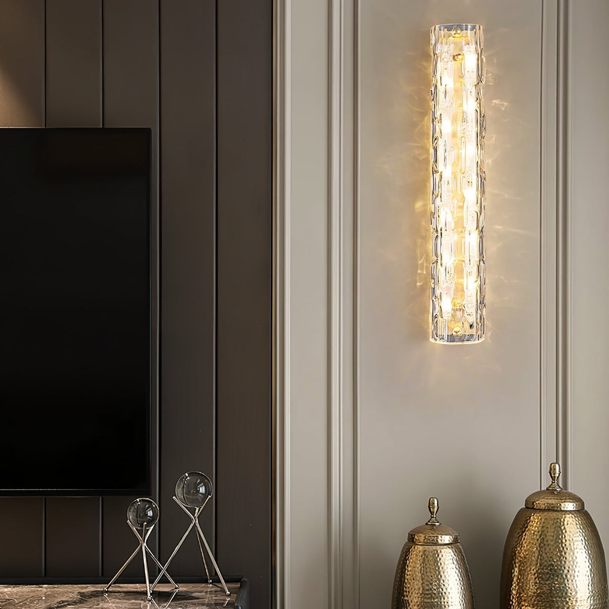 Glas-Wandleuchte aus messingfarbenem Metall, integrierte LED 3000K-6000K, dimmbare integrierte Beleuchtung, Wohnzimmer | Sansoti