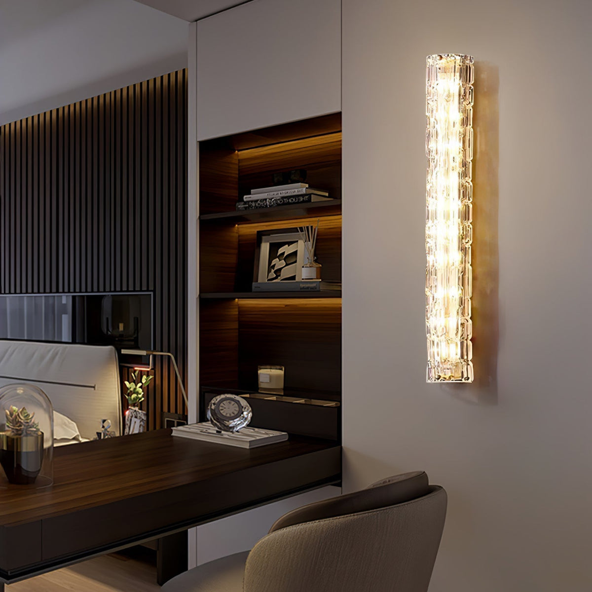 Glas-Wandleuchte aus messingfarbenem Metall, integrierte LED 3000K-6000K, dimmbare integrierte Beleuchtung, Wohnzimmer | Sansoti