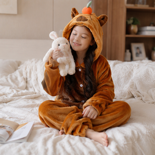 Capybara Flannel Hooded Onesie for Children – Soft Jumpsuit for Dress-Up Parties and Themed Events | Sansoti