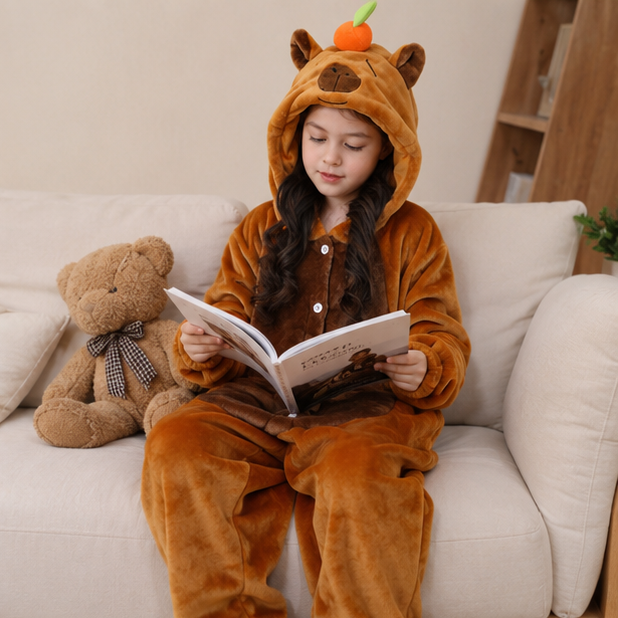 Capybara Flannel Hooded Onesie for Children – Soft Jumpsuit for Dress-Up Parties and Themed Events | Sansoti