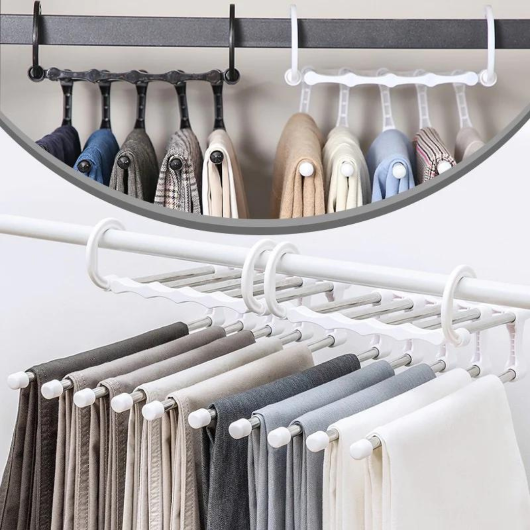 Foldable Clothes Hanger 5-in-1, Space-Saving, Adjustable, Stainless Steel, White Black, Wardrobe Organization | Sansoti