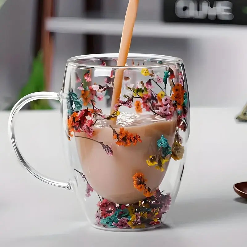 Glazen Dubbelwandige Bloemen Mok 350ml Koffie Thee Cadeau Elegant Transparant | Sansoti