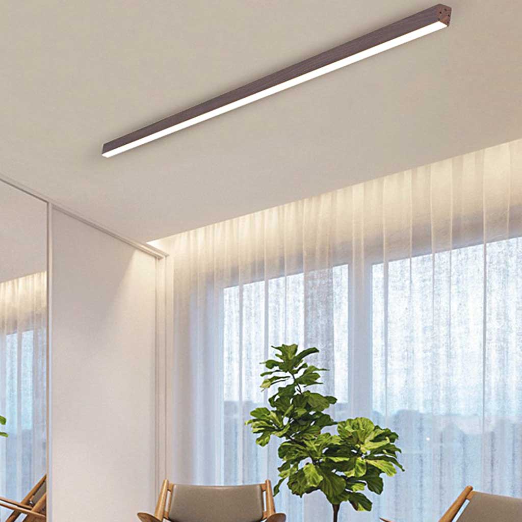 Lineare LED-Deckenleuchte, dimmbar, Holzoptik, Eisen und Acryl, Flur, Diele und Eingangsbereich, Fernbedienung, warmweißes und neutralweißes Licht | Sansoti