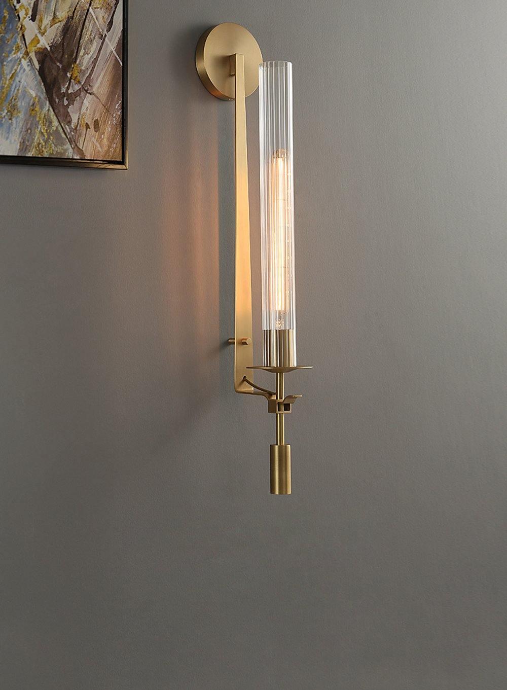 Klassieke Messing Wandlamp met Geribbeld Glas – 1940s Franse Stijl Cilinderlamp voor Gang Woonkamer Slaapkamer – E26 E27 Fitting – Enkel en Dubbel Lichtpunt | Sansoti