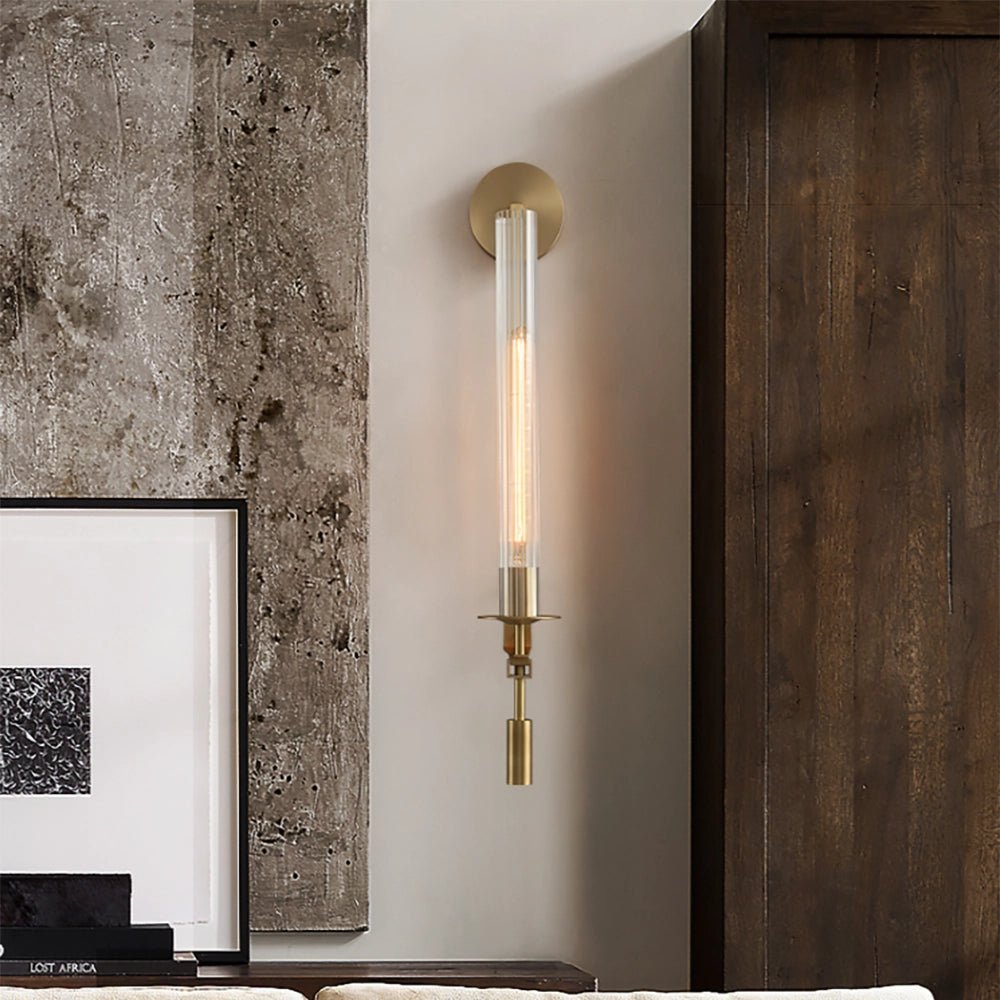 Klassieke Messing Wandlamp met Geribbeld Glas – 1940s Franse Stijl Cilinderlamp voor Gang Woonkamer Slaapkamer – E26 E27 Fitting – Enkel en Dubbel Lichtpunt | Sansoti