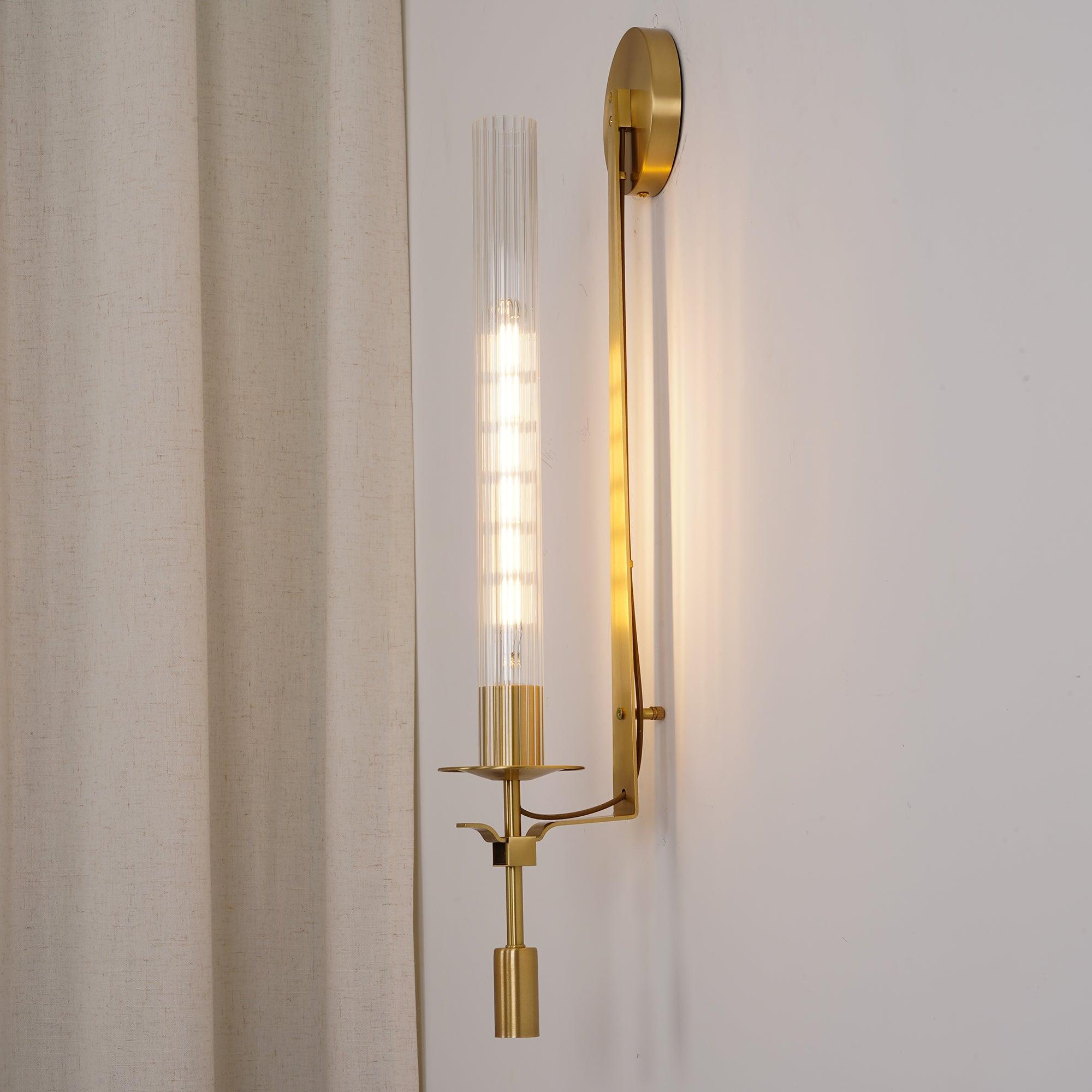 Klassieke Messing Wandlamp met Geribbeld Glas – 1940s Franse Stijl Cilinderlamp voor Gang Woonkamer Slaapkamer – E26 E27 Fitting – Enkel en Dubbel Lichtpunt | Sansoti