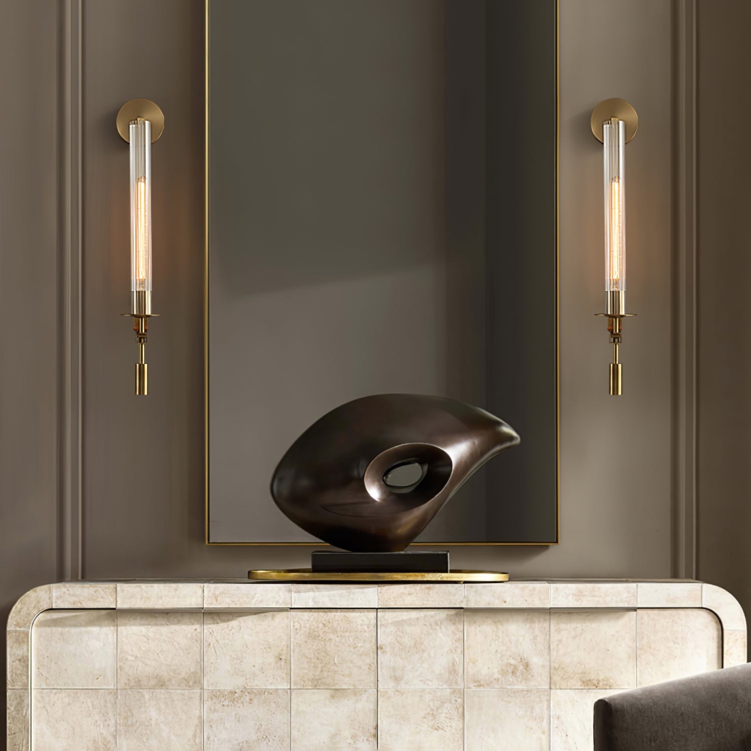 Klassieke Messing Wandlamp met Geribbeld Glas – 1940s Franse Stijl Cilinderlamp voor Gang Woonkamer Slaapkamer – E26 E27 Fitting – Enkel en Dubbel Lichtpunt | Sansoti