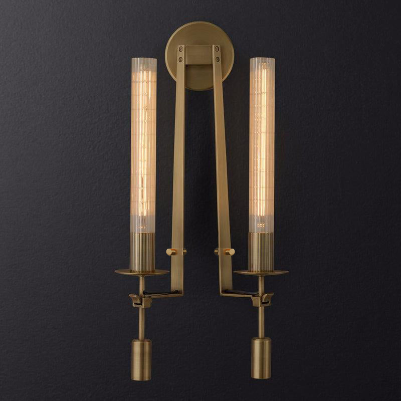 Klassieke Messing Wandlamp met Geribbeld Glas – 1940s Franse Stijl Cilinderlamp voor Gang Woonkamer Slaapkamer – E26 E27 Fitting – Enkel en Dubbel Lichtpunt | Sansoti