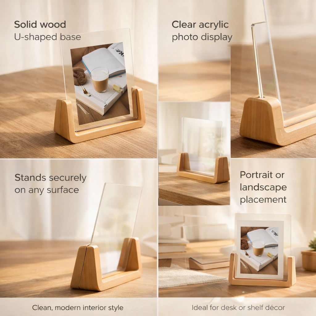 Houten Fotohouder met Acryl 6 Inch Staand Tafelmodel Verticaal Horizontaal Fotodisplay Walnoot Beuken | Sansoti