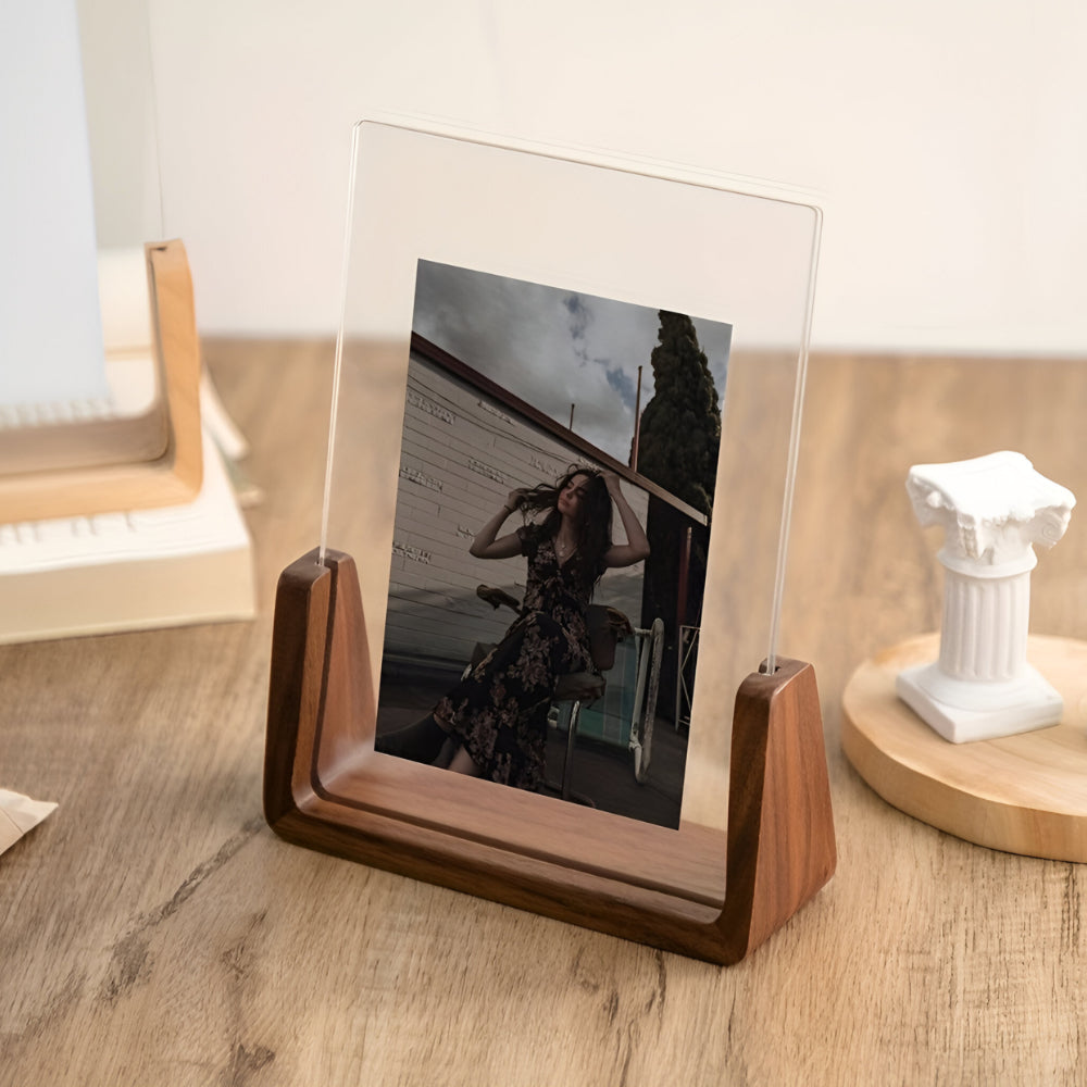 Houten Fotohouder met Acryl 6 Inch Staand Tafelmodel Verticaal Horizontaal Fotodisplay Walnoot Beuken | Sansoti