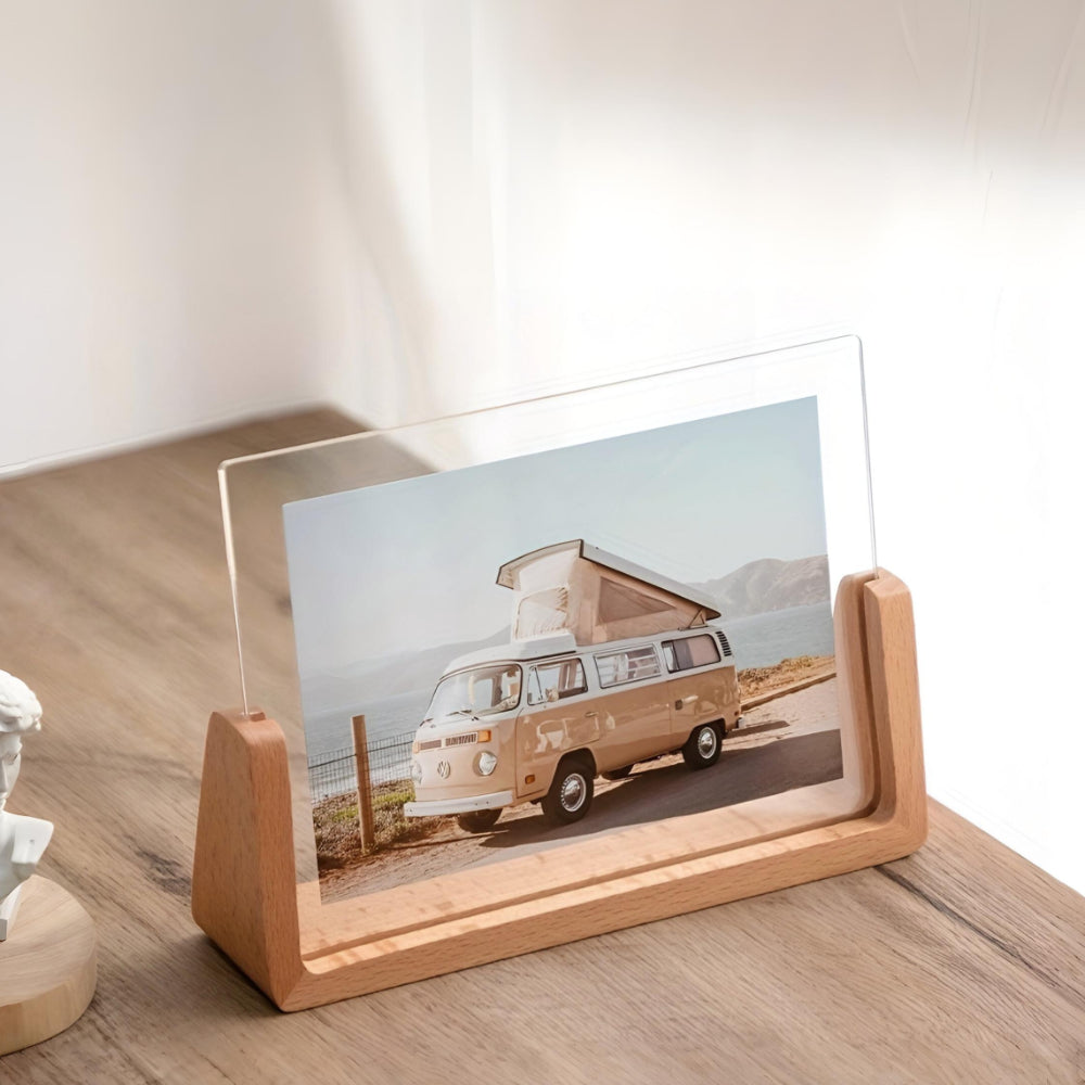 Houten Fotohouder met Acryl 6 Inch Staand Tafelmodel Verticaal Horizontaal Fotodisplay Walnoot Beuken | Sansoti