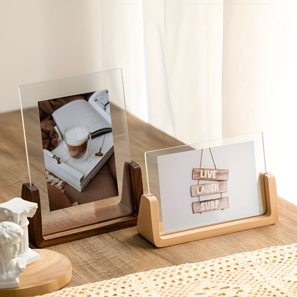 Houten Fotohouder met Acryl 6 Inch Staand Tafelmodel Verticaal Horizontaal Fotodisplay Walnoot Beuken | Sansoti