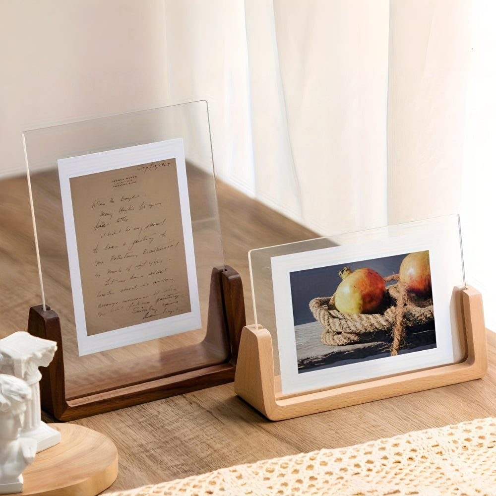 Houten Fotohouder met Acryl 6 Inch Staand Tafelmodel Verticaal Horizontaal Fotodisplay Walnoot Beuken | Sansoti
