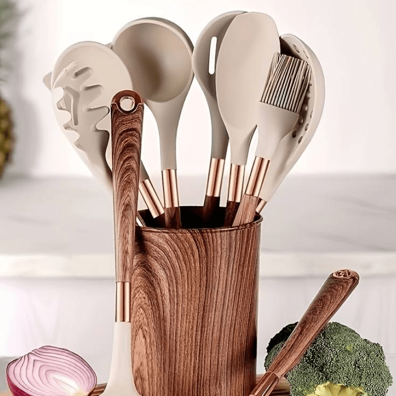 Keukenset Siliconen 10 Delig Hittebestendig Anti-aanbak Kookgerei Set Houten Handvat Keuken Tools Set | Sansoti