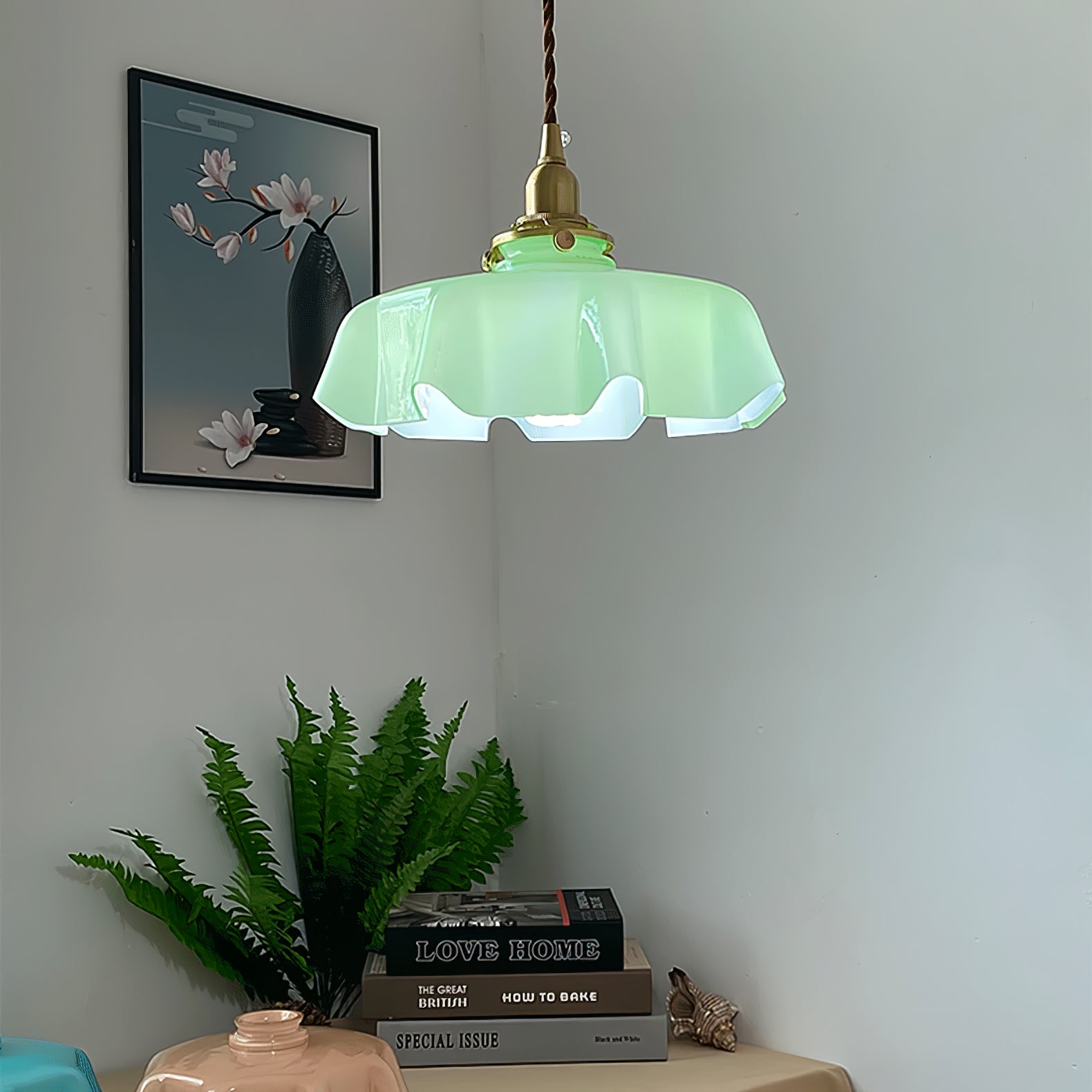 Geplooide Glazen Hanglamp met Messing Armatuur — Vintage Franse Stijl in Wit, Beige, Roze of Blauw — Verstelbare Kabel 150 cm | Sansoti
