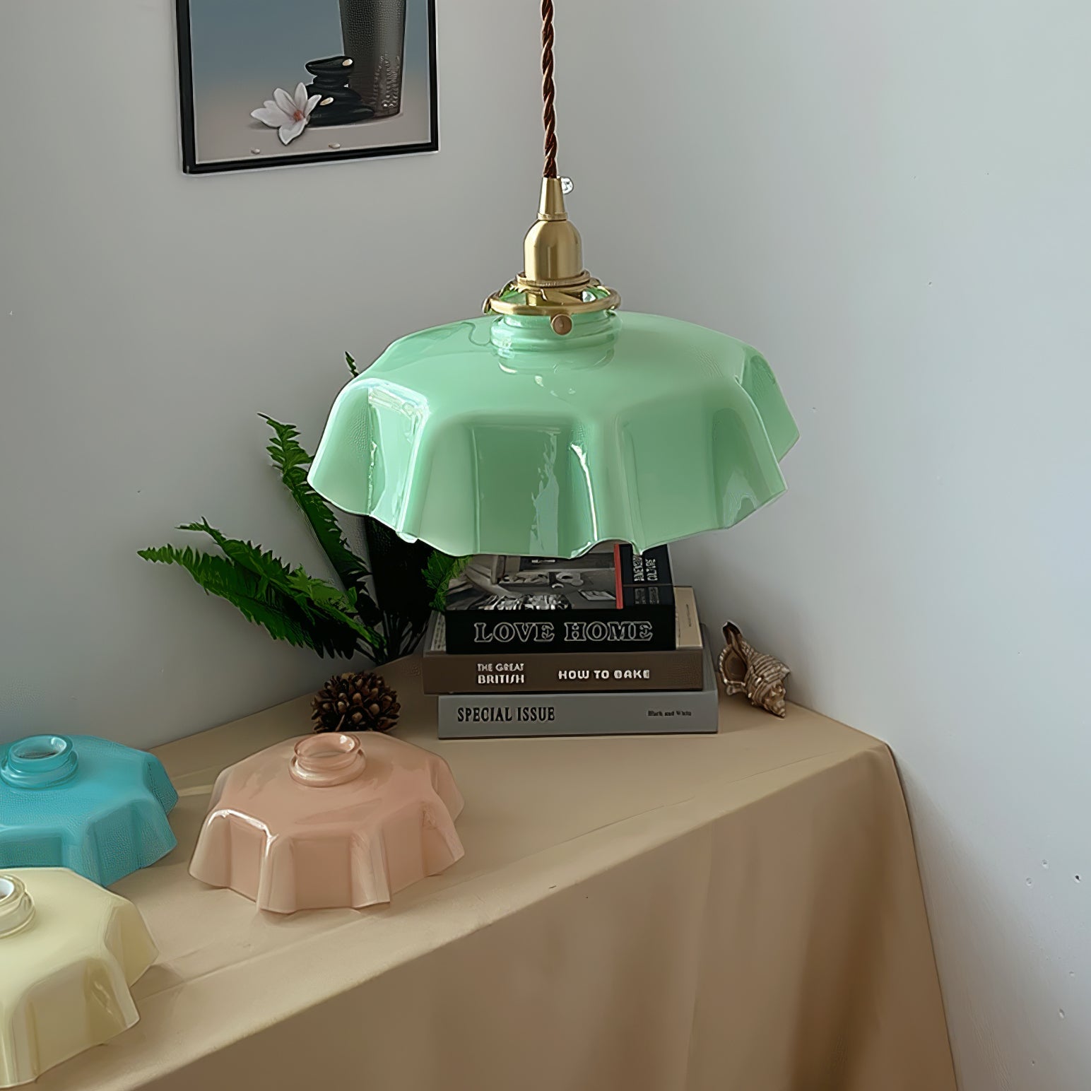 Geplooide Glazen Hanglamp met Messing Armatuur — Vintage Franse Stijl in Wit, Beige, Roze of Blauw — Verstelbare Kabel 150 cm | Sansoti