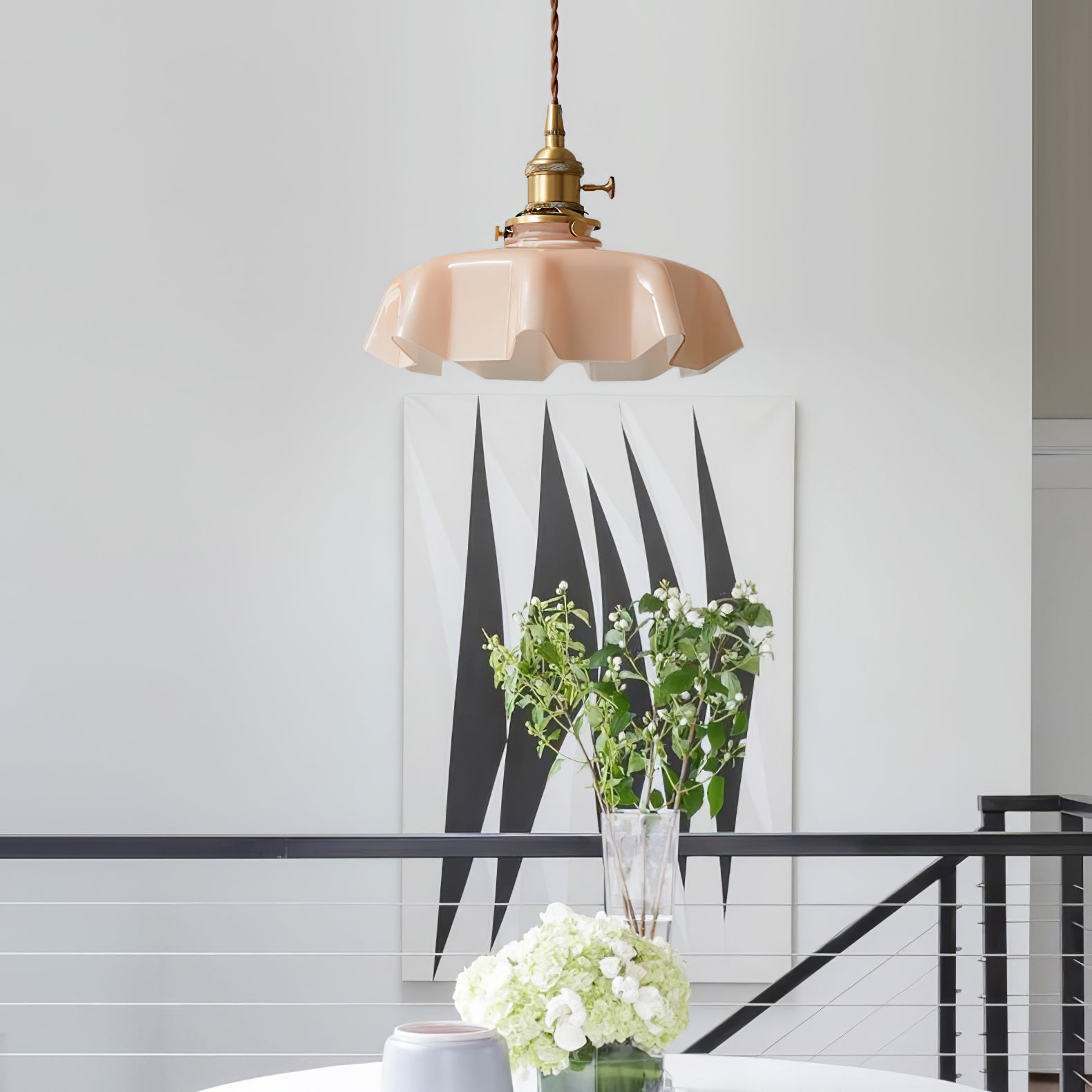 Geplooide Glazen Hanglamp met Messing Armatuur — Vintage Franse Stijl in Wit, Beige, Roze of Blauw — Verstelbare Kabel 150 cm | Sansoti