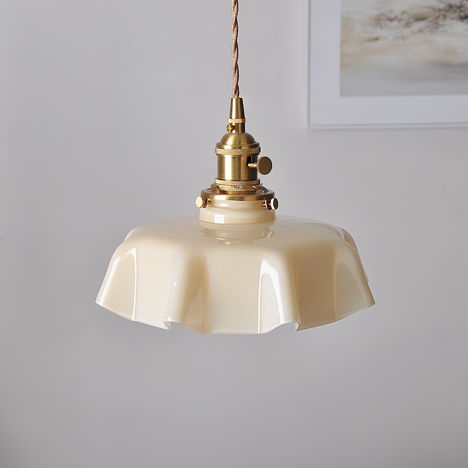 Geplooide Glazen Hanglamp met Messing Armatuur — Vintage Franse Stijl in Wit, Beige, Roze of Blauw — Verstelbare Kabel 150 cm | Sansoti