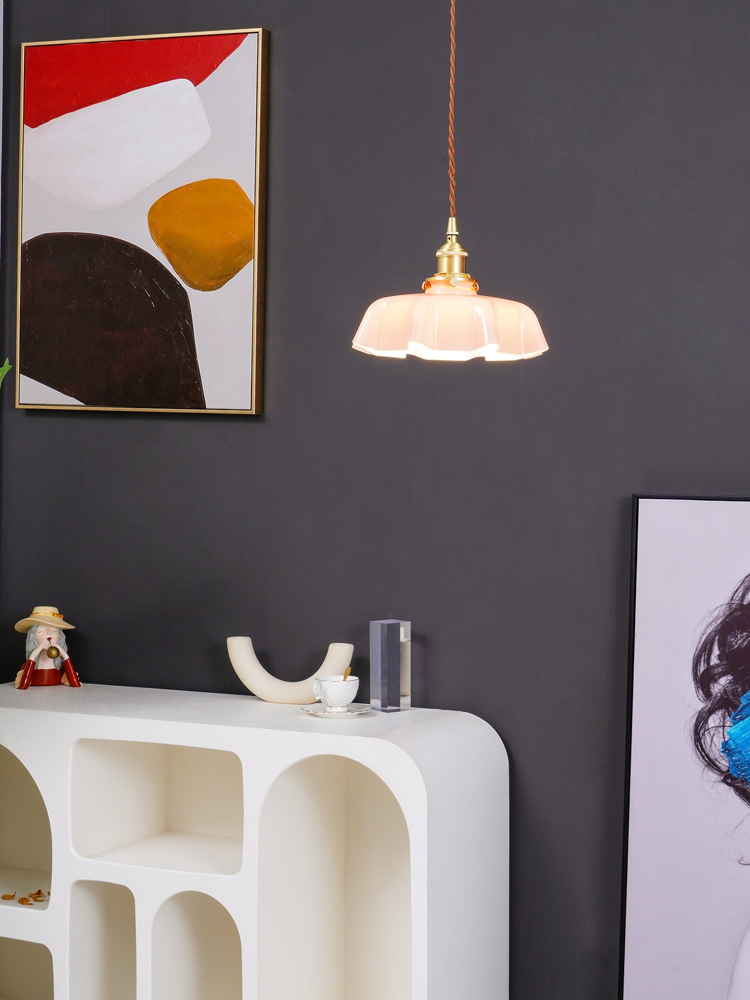 Geplooide Glazen Hanglamp met Messing Armatuur — Vintage Franse Stijl in Wit, Beige, Roze of Blauw — Verstelbare Kabel 150 cm | Sansoti