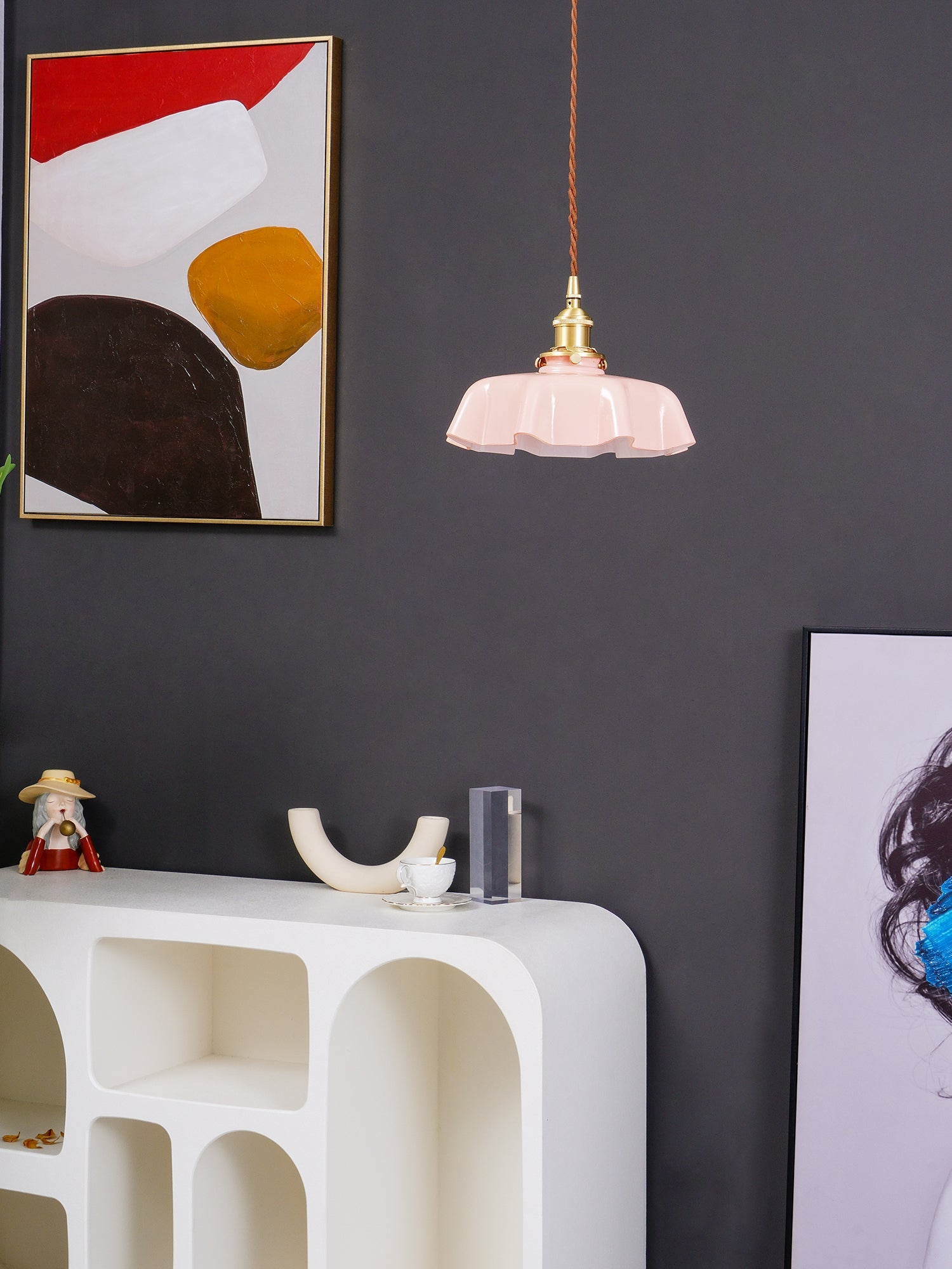 Geplooide Glazen Hanglamp met Messing Armatuur — Vintage Franse Stijl in Wit, Beige, Roze of Blauw — Verstelbare Kabel 150 cm | Sansoti