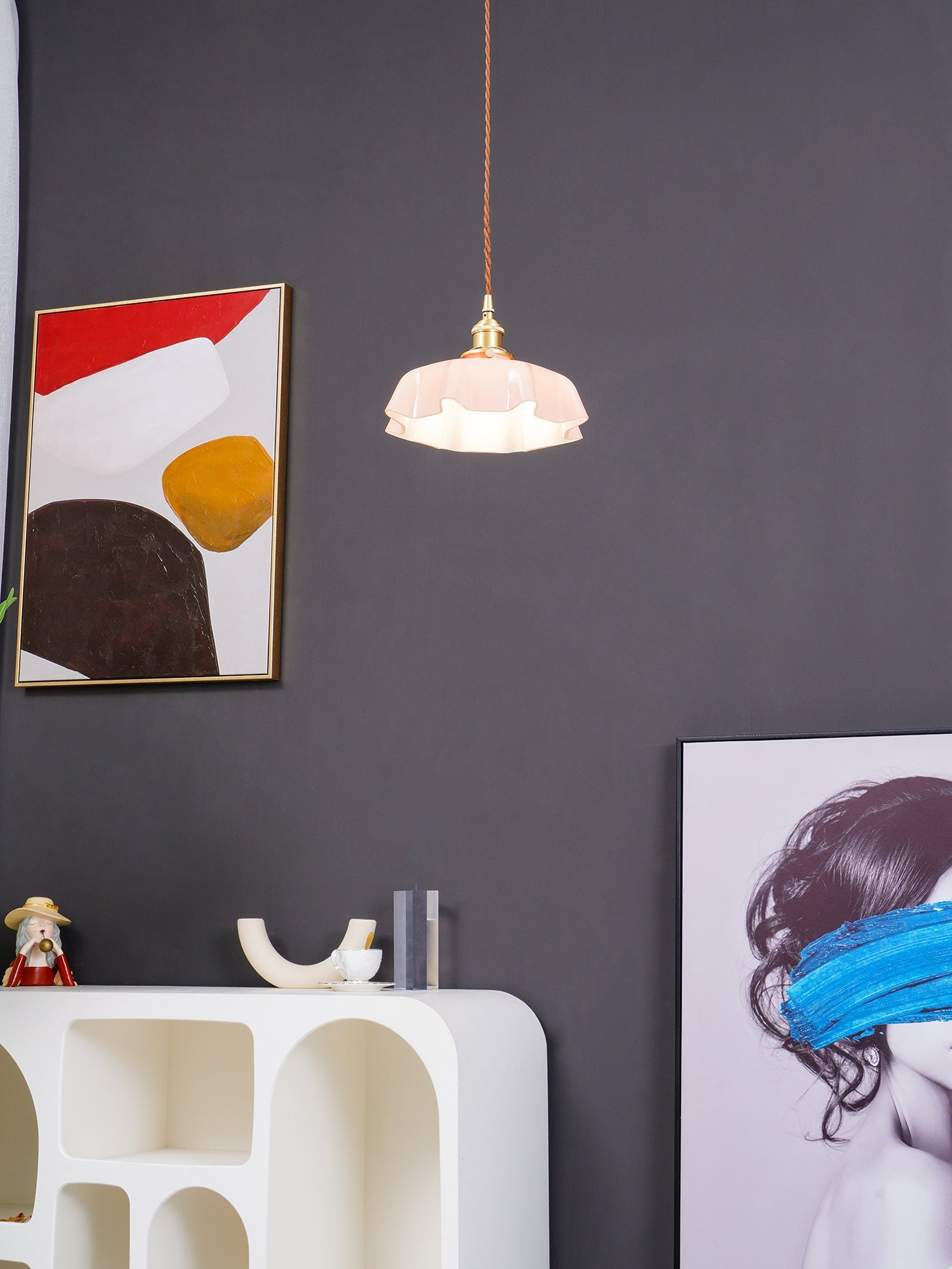 Geplooide Glazen Hanglamp met Messing Armatuur — Vintage Franse Stijl in Wit, Beige, Roze of Blauw — Verstelbare Kabel 150 cm | Sansoti