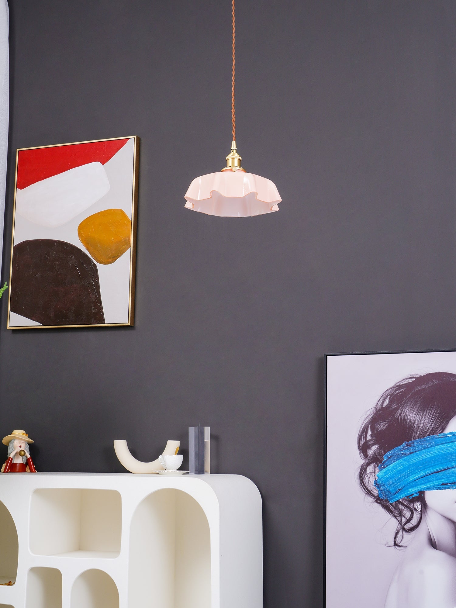 Geplooide Glazen Hanglamp met Messing Armatuur — Vintage Franse Stijl in Wit, Beige, Roze of Blauw — Verstelbare Kabel 150 cm | Sansoti