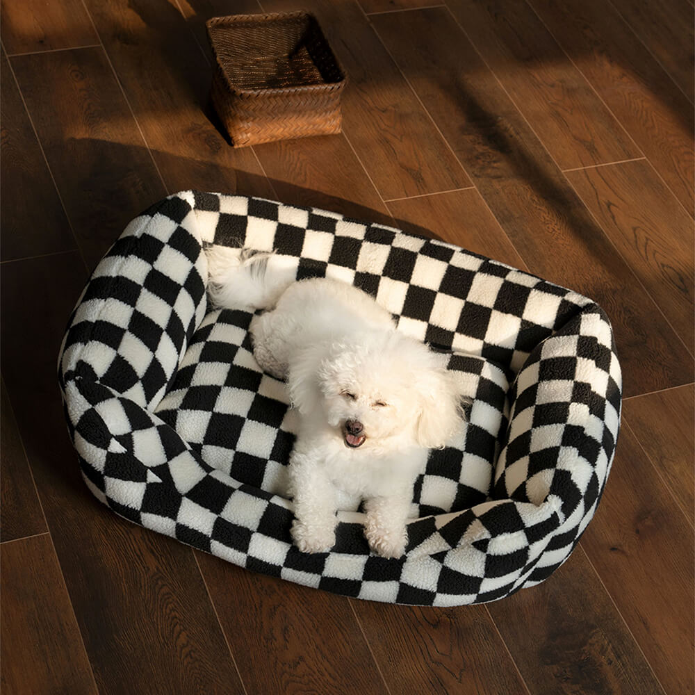Dog Bed Checkered Pattern Removable Cover Soft Faux Fur Luxury Dog Bed for Small and Medium-Sized Dogs | Sansoti