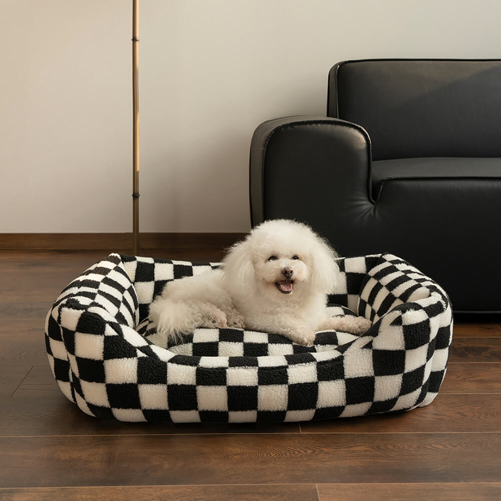 Dog Bed Checkered Pattern Removable Cover Soft Faux Fur Luxury Dog Bed for Small and Medium-Sized Dogs | Sansoti