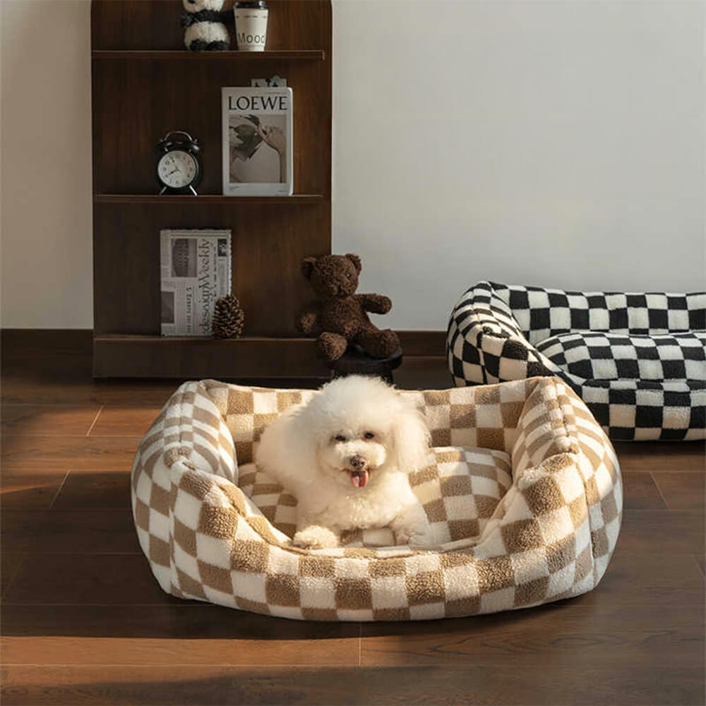 Dog Bed Checkered Pattern Removable Cover Soft Faux Fur Luxury Dog Bed for Small and Medium-Sized Dogs | Sansoti
