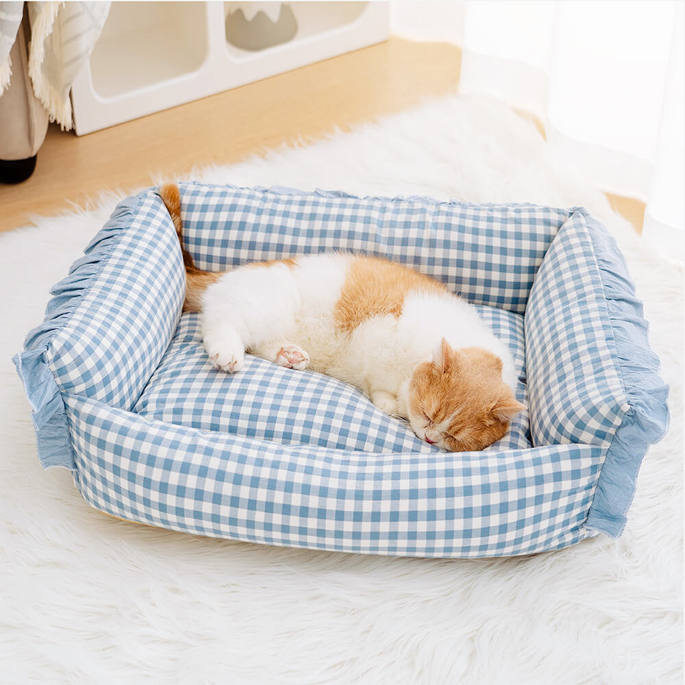 Geruite Hondenmand met Opstaande Rand Kattenbed Katoenen Huisdierbed Wasbaar Comfortabel M L Blauw Beige Roze | Sansoti