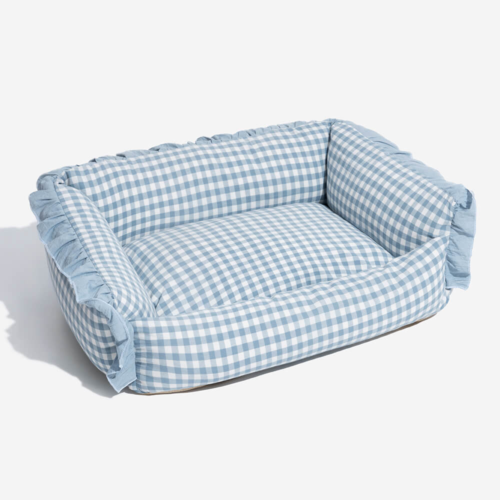 Geruite Hondenmand met Opstaande Rand Kattenbed Katoenen Huisdierbed Wasbaar Comfortabel M L Blauw Beige Roze | Sansoti