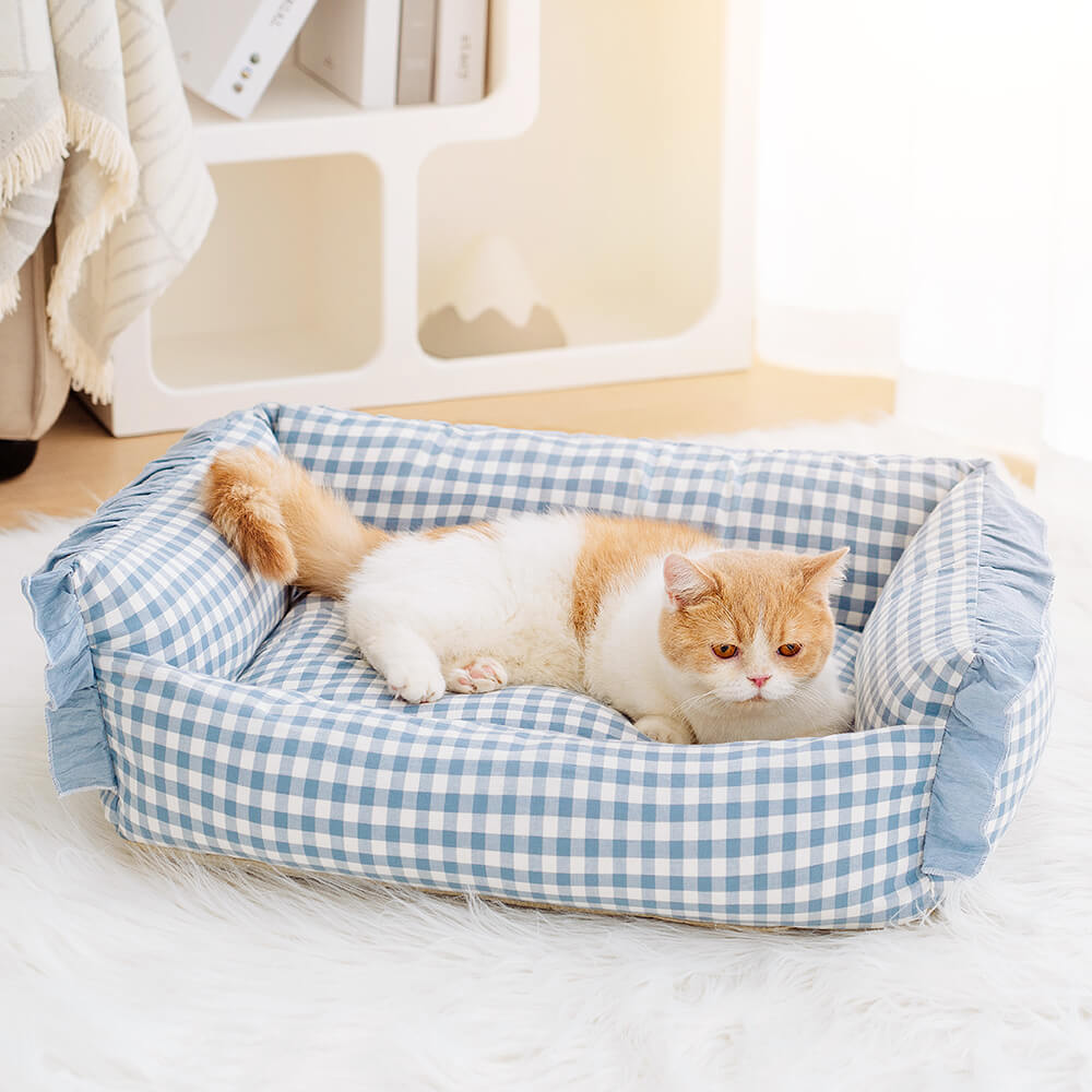 Geruite Hondenmand met Opstaande Rand Kattenbed Katoenen Huisdierbed Wasbaar Comfortabel M L Blauw Beige Roze | Sansoti