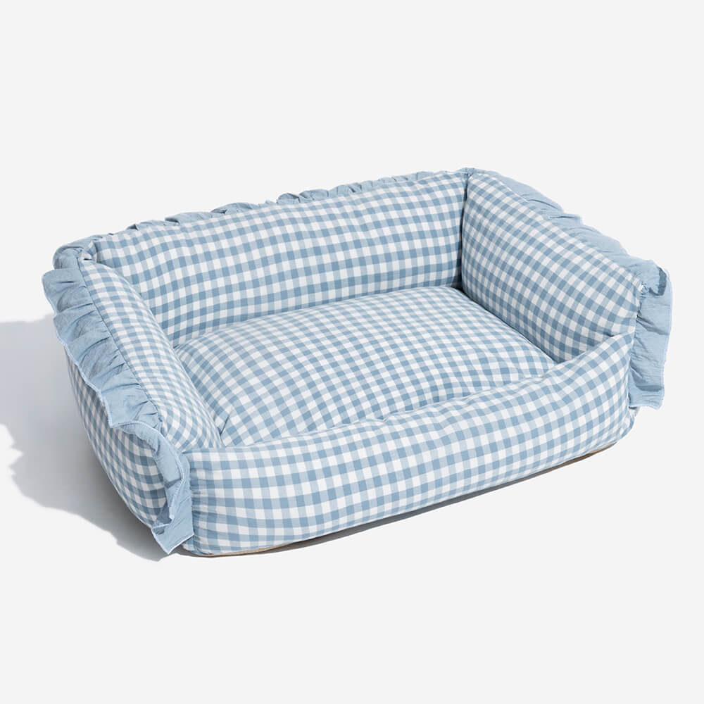 Geruite Hondenmand met Opstaande Rand Kattenbed Katoenen Huisdierbed Wasbaar Comfortabel M L Blauw Beige Roze | Sansoti