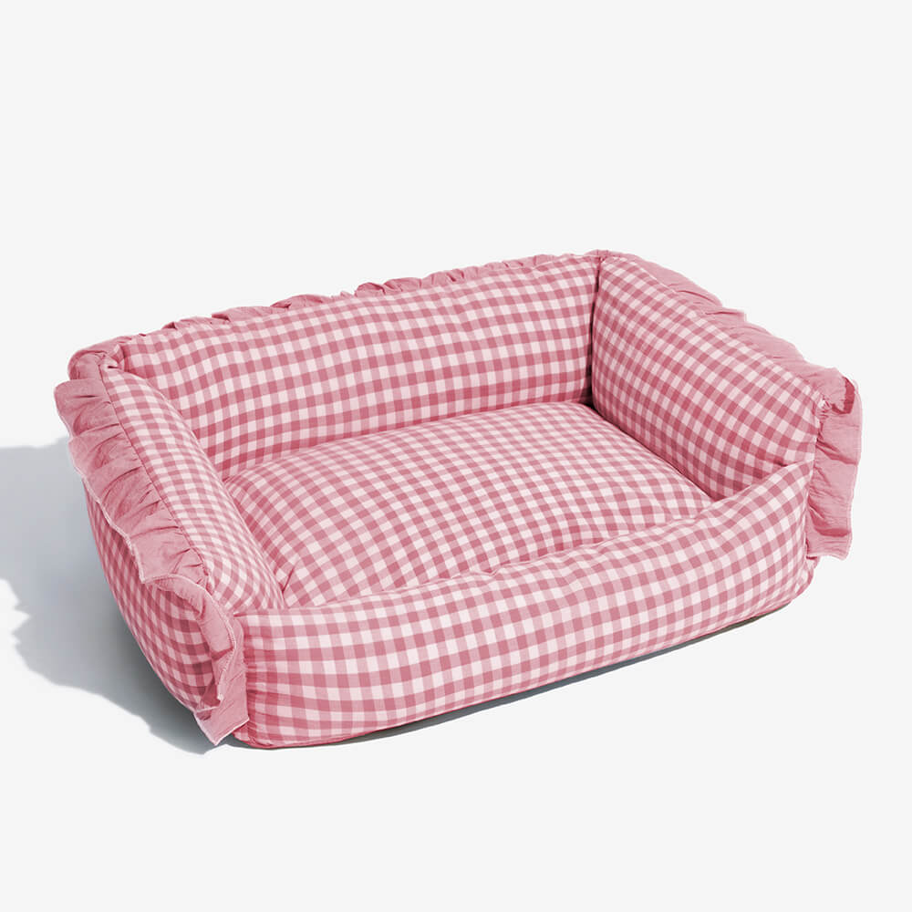 Geruite Hondenmand met Opstaande Rand Kattenbed Katoenen Huisdierbed Wasbaar Comfortabel M L Blauw Beige Roze | Sansoti