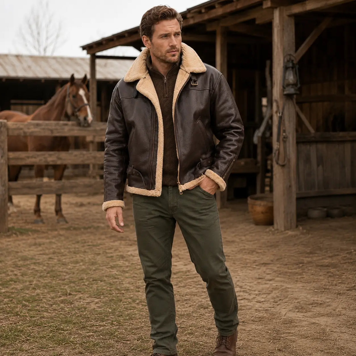 Gefütterte Aviatorjacke für Herren, Winterjacke in winddichter Lederoptik, warme Winterkleidung für Herbst und Winter | Sansoti