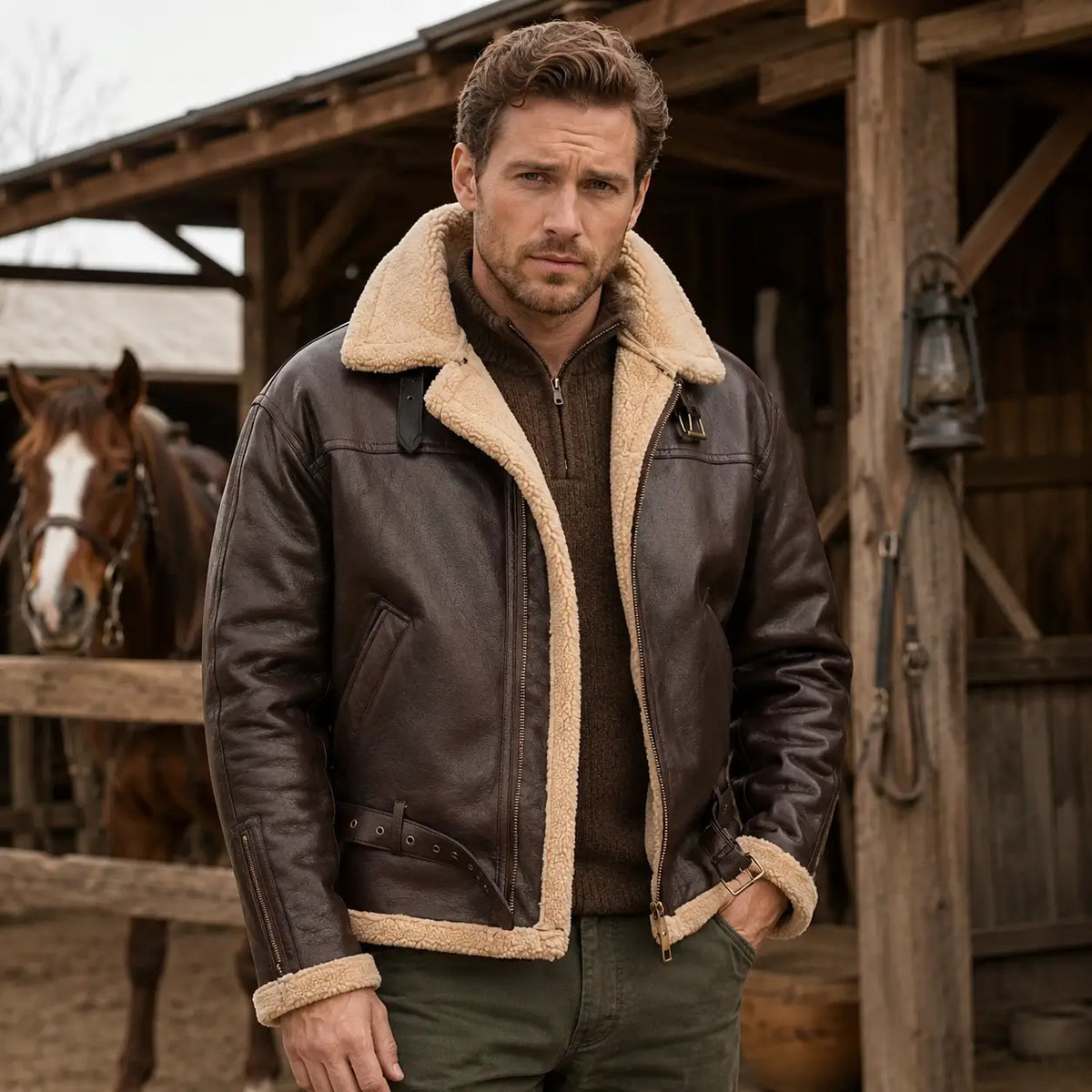 Gefütterte Aviatorjacke für Herren, Winterjacke in winddichter Lederoptik, warme Winterkleidung für Herbst und Winter | Sansoti
