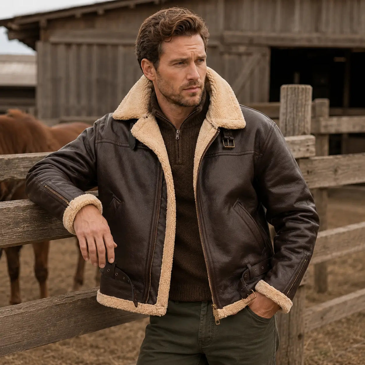 Gefütterte Aviatorjacke für Herren, Winterjacke in winddichter Lederoptik, warme Winterkleidung für Herbst und Winter | Sansoti