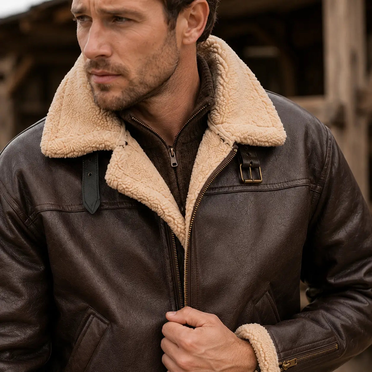 Gefütterte Aviatorjacke für Herren, Winterjacke in winddichter Lederoptik, warme Winterkleidung für Herbst und Winter | Sansoti
