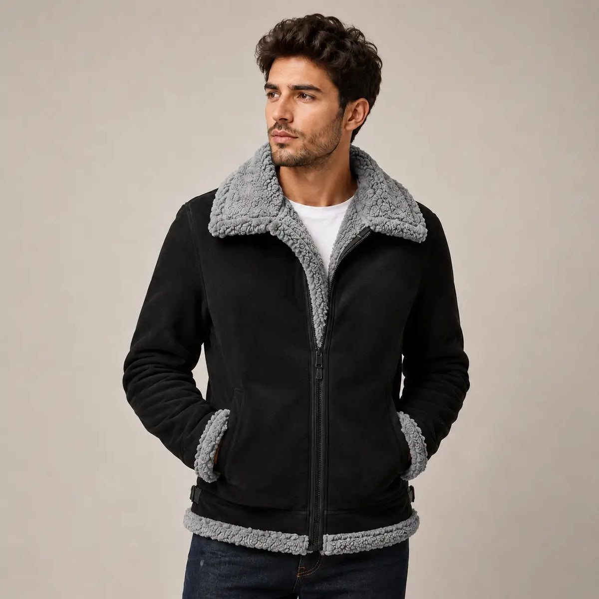 Gevoerde Winterjas Ritssluiting Heren Casual Jas Reverskraag Fleece Voering Losvallend Comfortabel Model | Sansoti